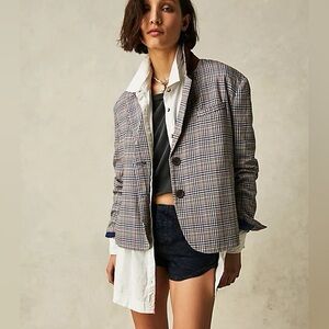 Free People Checkered Blazer in Blue and Brown Size Small